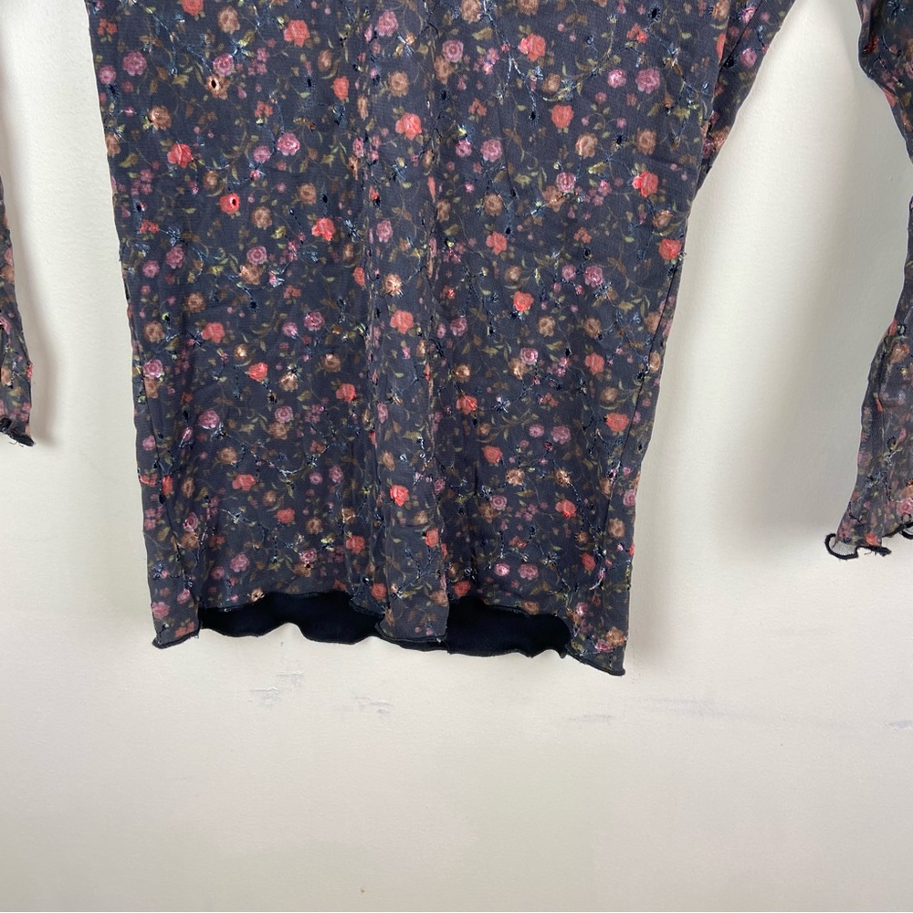 Therapy Micro Floral Sheer Sleeve Mesh Embroidered Eyelet Lettuce Hem Top Small - Picture 3 of 13